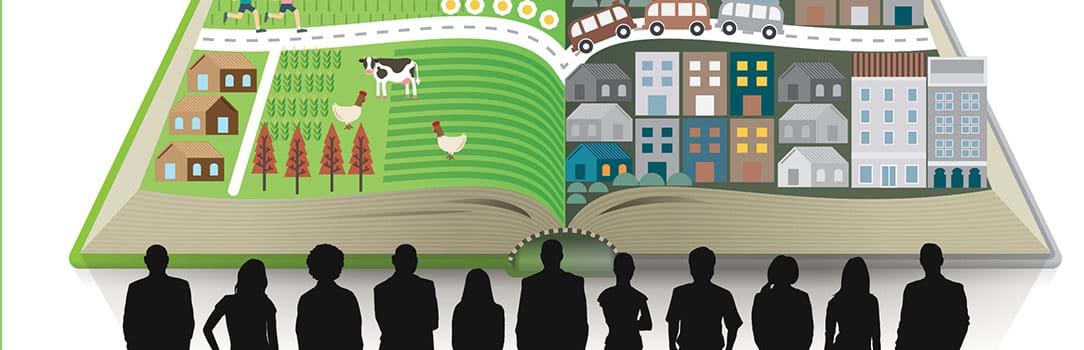 Illustration showing a line of people looking at an open book with various rural settings in it.