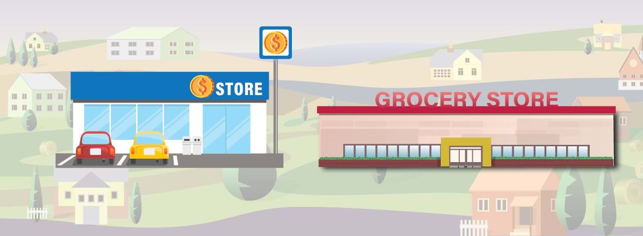 Graphic depicting a dollar store next to a grocery store.