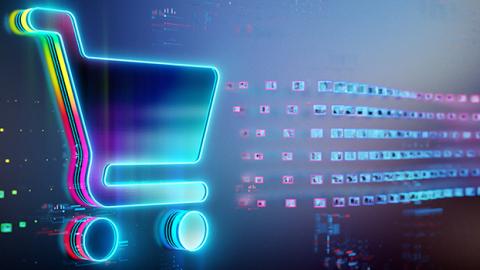 Shopping cart lit up with different colored lights as it passes lighted cubes representing moving data.