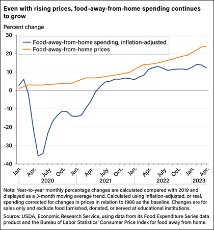 Line chart showing percent change, compared with 2019, in inflation-adjusted food-away-from-home spending and food-away-from-home prices from January 2020 to April 2023.