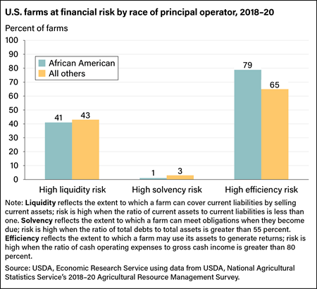 Bar chart comparing African-American principal farm operators’ risk with that of all other principal farm operators from 2018 to 2020.