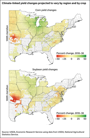 U.S. map graphic showing projected changes in corn and soybean yields from 2016 through 2036.