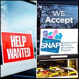 help wanted and SNAP signs in store window