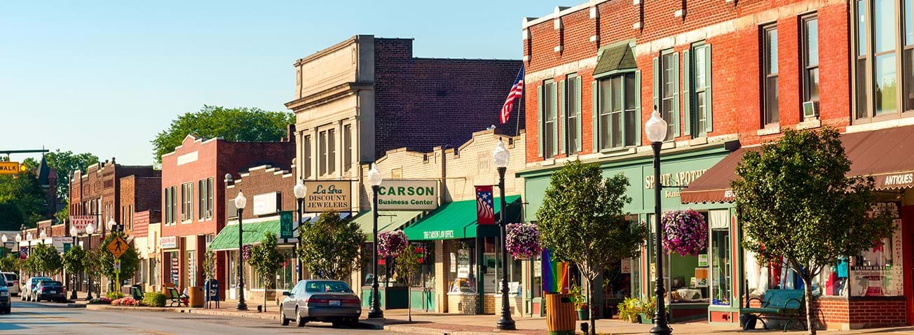 Bedford, OH, USA - July 25, 2015: With many old buildings over a century old, this southeastern Cleveland suburb retains a small-town America look and atmosphere.