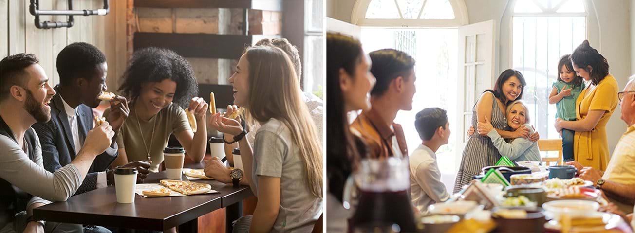 Images of young people at a pizzaria and of a multigenerational family sharing a meal at home.