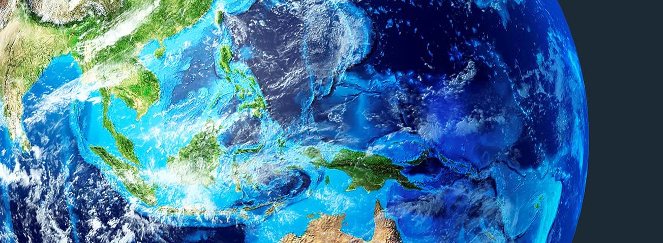 Satellite image showing the nations of Southeast Asia on a globe.