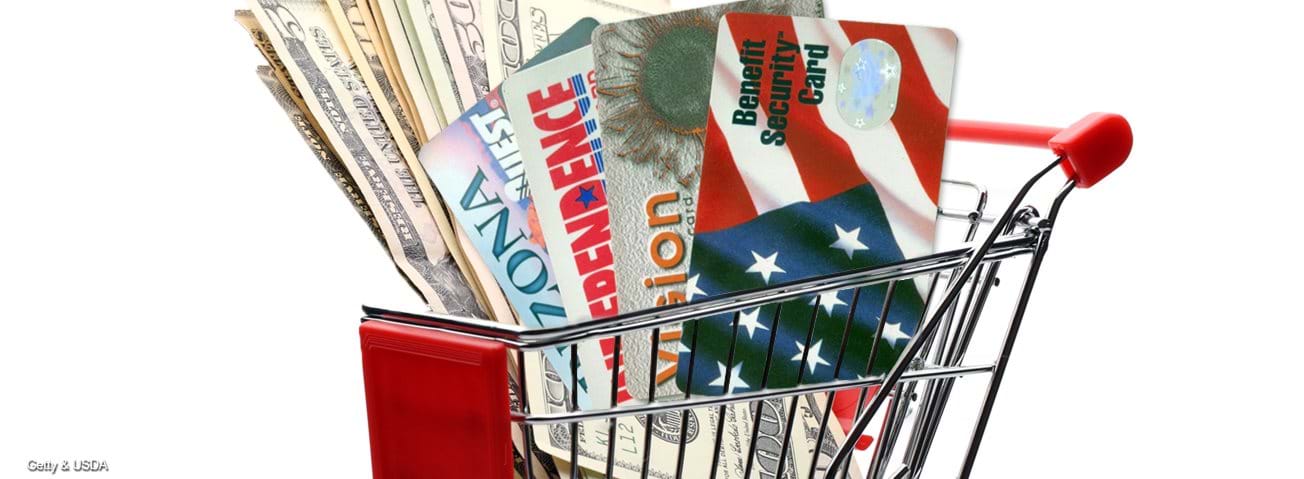 Graphic image of a minature shopping cart with a variety of dollar bills and EBT cards