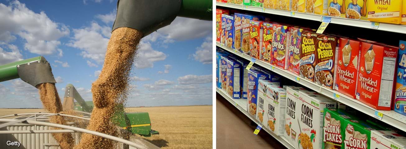 Photo collage of grain combines and cereal boxes in grocery store 