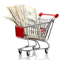 Grocery cart with various dollar bills