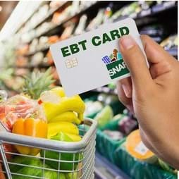 EBT Card with a grocery cart full of vegetables fruit as backdrop