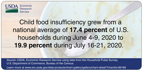 Child food insufficiency grew from a national average of 17.4 percent of U.S. households during June 4-9, 2020 to 19.9 percent during July 16-21,2020