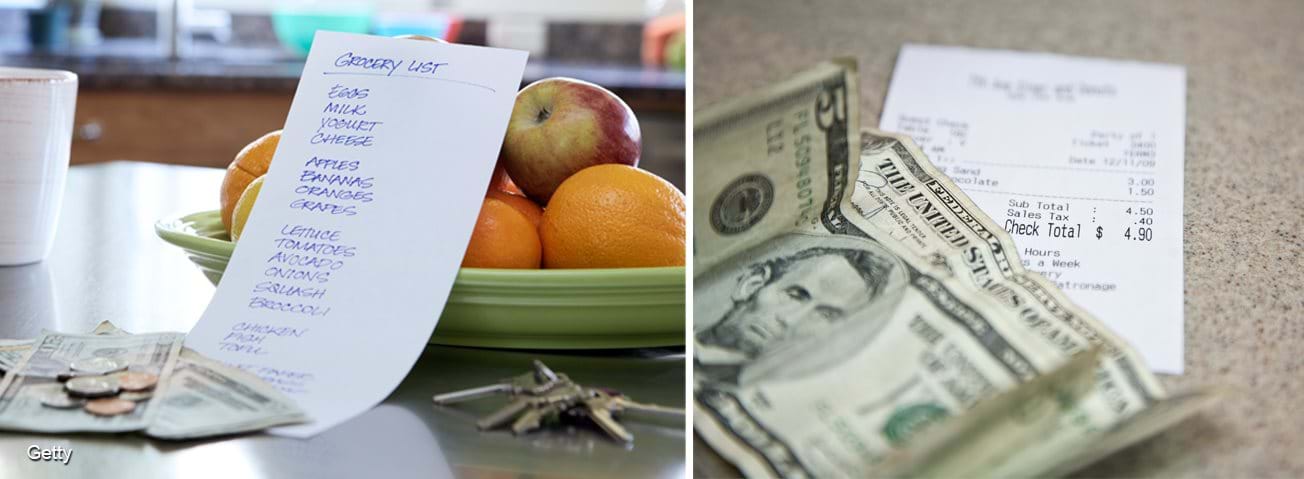 Photo collage: Grocery list and money on a kitchen table and a receipt and money on a counter