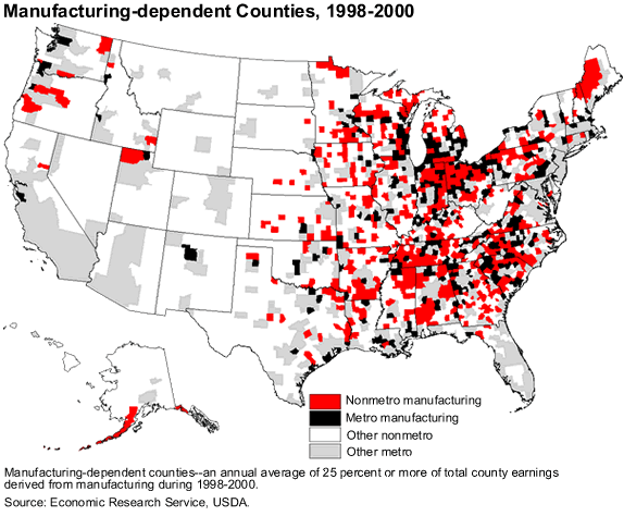 This chart shows: 'Manufacturing-dependent counties, 1998-2000'.