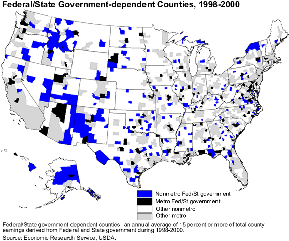 This chart shows: 'Federal/State government-dependent counties, 1998-2000'.