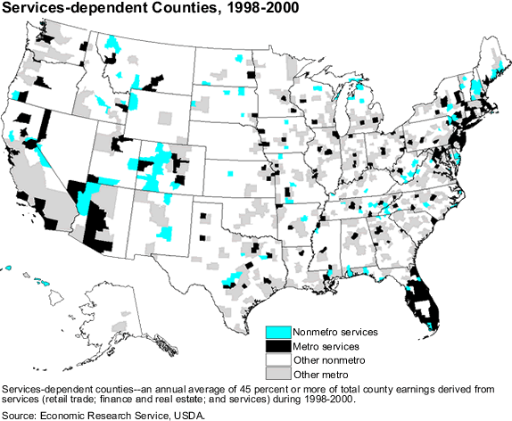 This chart shows: 'Services-dependent counties, 1998-2000'.