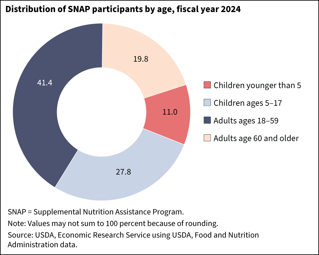 Donut chart showing the distribution of Supplemental Nutrition Assistance Program participants by age group in fiscal year 2023.