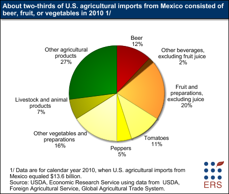 This chart shows: 'About two-thirds of U.S. agricultural imports from Mexico consisted of beer, fruit, or vegetables in 2010'.