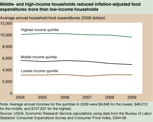 This chart shows: 'Middle- and high-income households reduced inflation-adjusted food expenditures more than low-income households'.