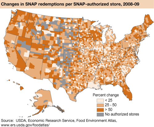 This chart shows: 'Changes in SNAP redemptions per SNAP-authorized store, 2008-09'.