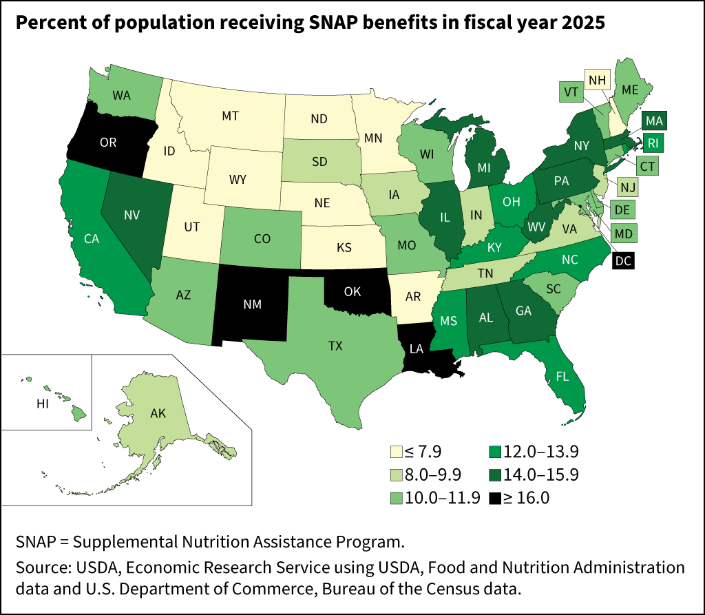 U.S. map of Supplemental Nutrition Assistance Program participation rates across States in fiscal year 2024.