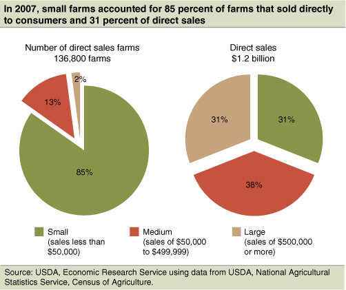 This chart shows: 'In 2007, small farms accounted for 85 percent of farms that sold directly to consumers and 31 percent of direct sales'.