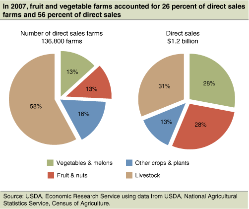 This chart shows: 'In 2007, fruit and vegetable farms accounted for 25 percent of direct sales farms and 56 percent of direct sales'.