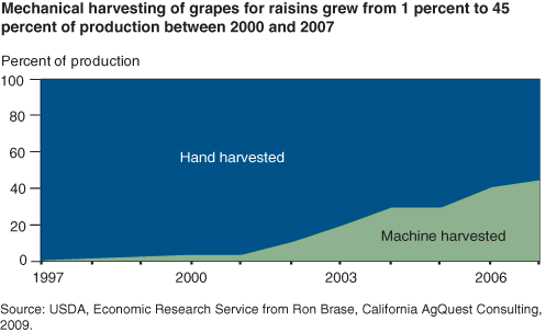 This chart shows: 'Mechanical harvesting of grapes for raisins grew from 1 percent to 45 percent of production between 2000 and 2007'.