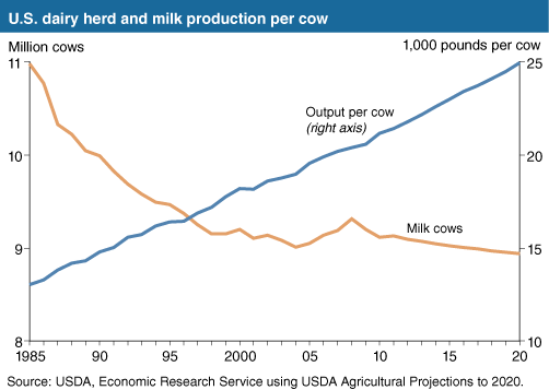 This chart shows: 'U.S. dairy herd and milk production per cow'.