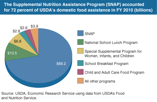 This chart shows: 'The Supplemental Nutrition Assistance Program (SNAP) accounted for 72 percent of USDA's domestic food assistance in FY 2010 (billions)'.