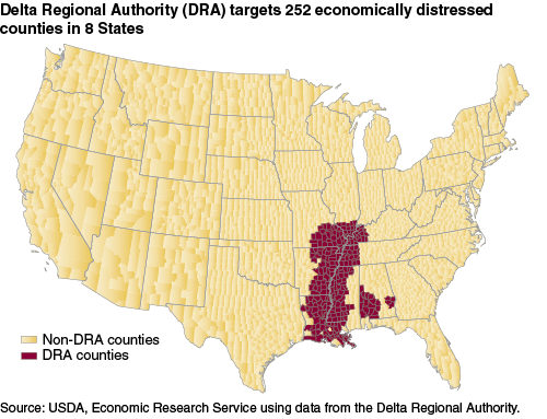 This chart shows: 'Delta Regional Authority (DRA) targets 252 economically distressed counties in 8 States'.