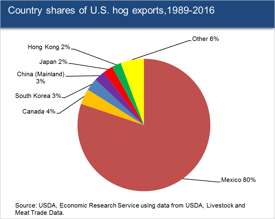 This chart shows: 'Country shares of U.S. hog exports, 1989-2016'.