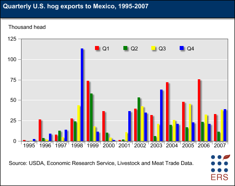 This chart shows: 'Quarterly U.S. hog exports to Mexico, 1995-2007'.