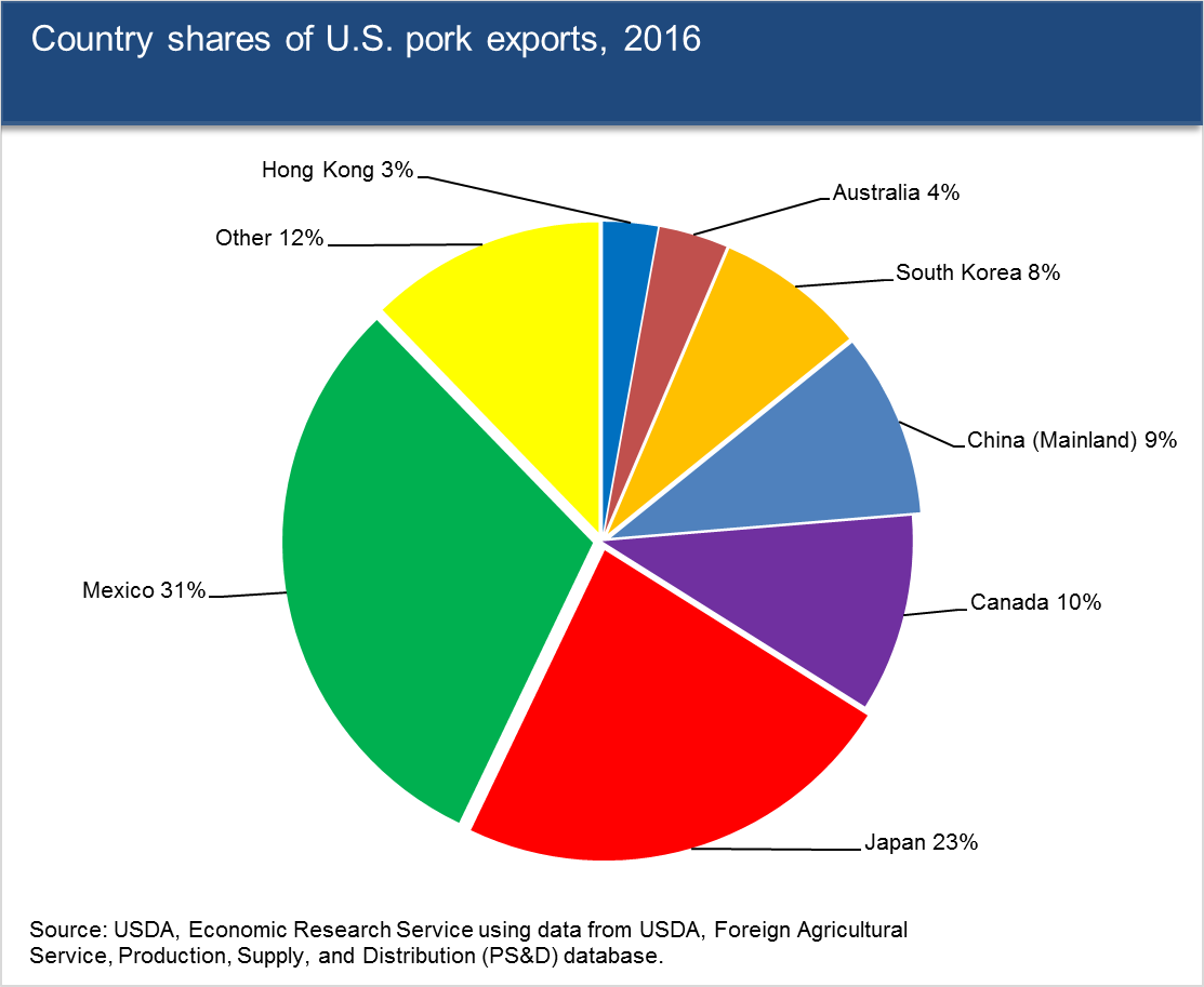 This chart shows: 'Country shares of U.S. pork exports, 2016'.