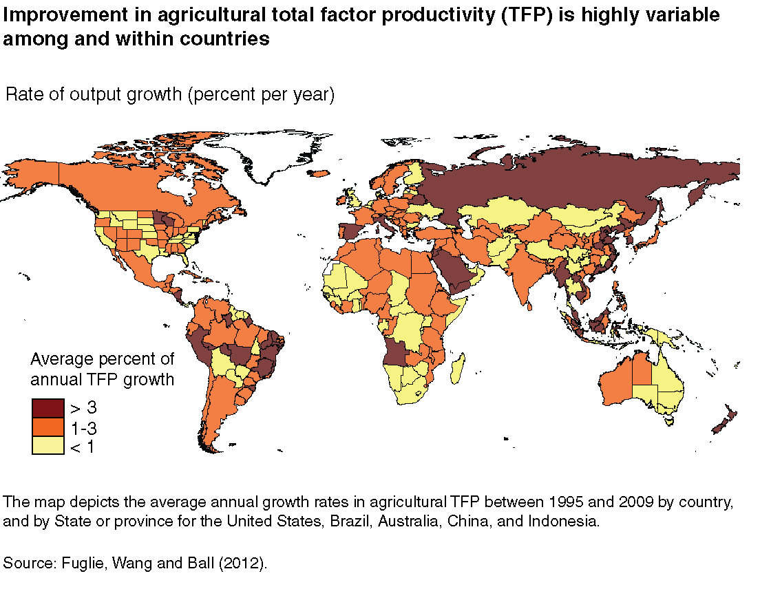 This chart shows: 'Improvement in agricultural total factor productivity (TFP) is highly variable among and within countries'.