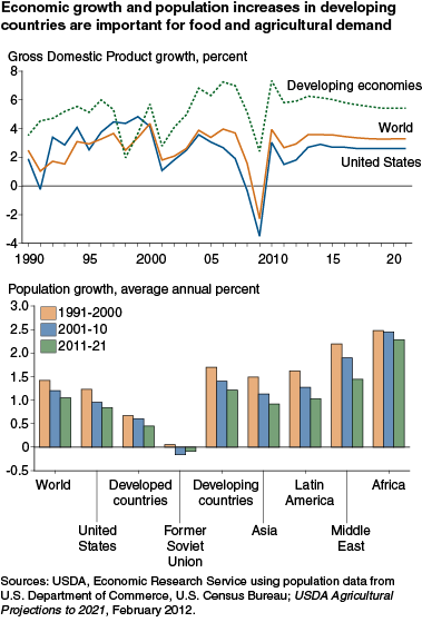 This chart shows: 'Economic growth and population increases in developing countries are important for food and agricultural demand'.