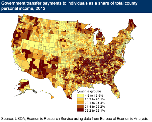 This chart shows: 'Government transfer payments to individuals as a percent of total county personal income, 2012'.