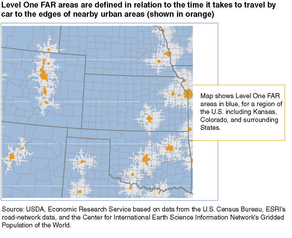 This chart shows: 'Level One FAR areas are defined in relation to the time it takes to travel by car to the edges of nearby urban areas (shown in orange)'.