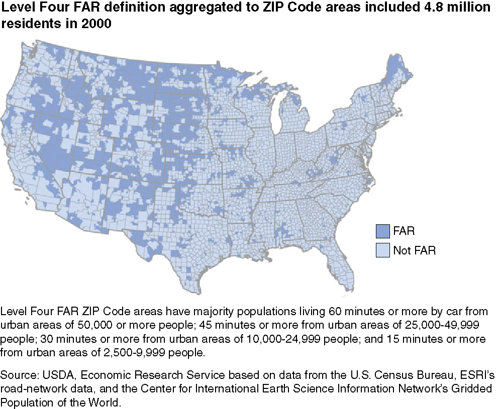 This chart shows: 'Level Four FAR definition aggregated to ZIP Code areas included 4.8 million residents in 2000.'.