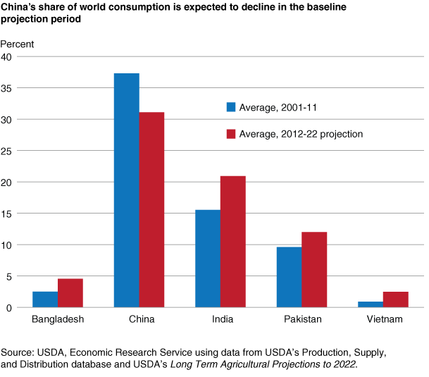 This chart shows: 'China's share of world consumption is expected to decline in the baseline projection period'.