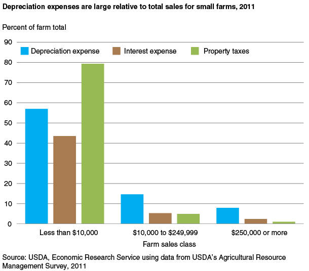 This chart shows: 'Depreciation expenses are large relative to total sales for small farms, 2011'.