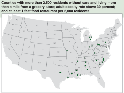 This chart shows: 'Counties with more than 2,500 residents without cars and living more than a mile from a grocery store'.