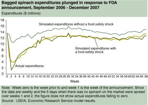 This chart shows: 'Bagge spinach expenditures plunged in response to FDA announcement, September 2006 - December 2007'.