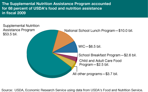 This chart shows: 'The Supplemental Nutrition Assistance Program accounted for 68 percent of USDA's food and nutrition assistance in fiscal 2009'.