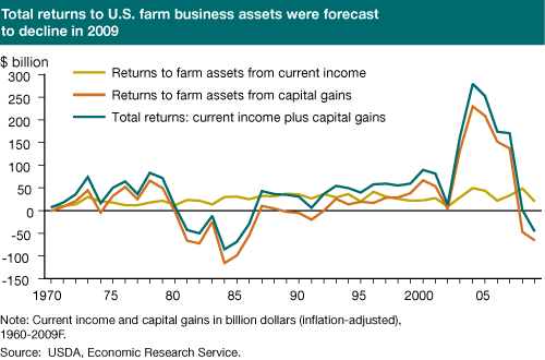 This chart shows: 'Total returns to U.S. farm business assets were forecastto decline in 2009'.