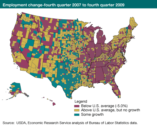 This chart shows: 'Employment change-fourth quarter 2007 to fourth quarter 2009'.