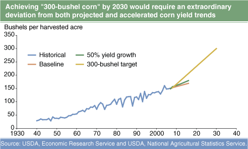 This chart shows: 'Achieving "300-bushel corn" by 2030 would require an extraordinary deviation from both projected and accelerated corn yield trends'.