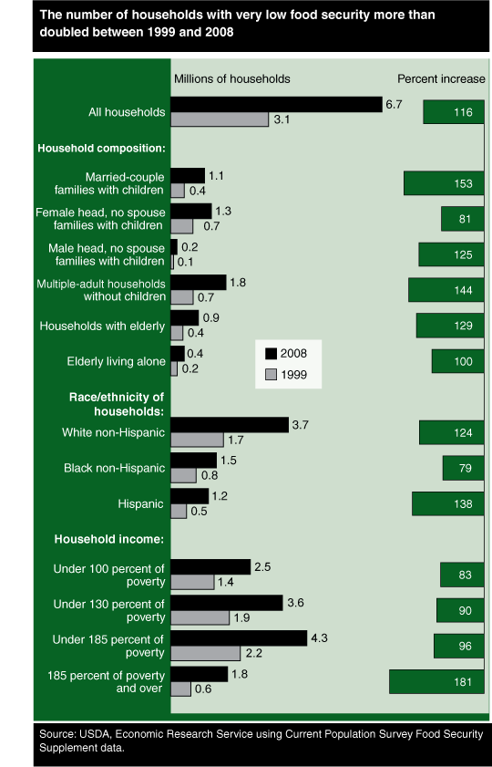This chart shows: 'The number of households with very low food security more than doubled between 1999 and 2008'.