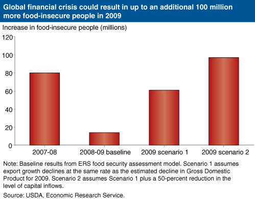 This chart shows: 'Global financial crisis could result in up to an additional 100 million more food-insecure people in 2009'.