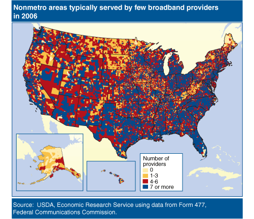 This chart shows: 'Nonmetro areas typically served by few broadband providers in 2006'.