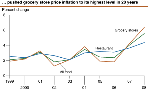 This chart shows: '...pushed grocery store price inflation to its highest level in 20 years'.